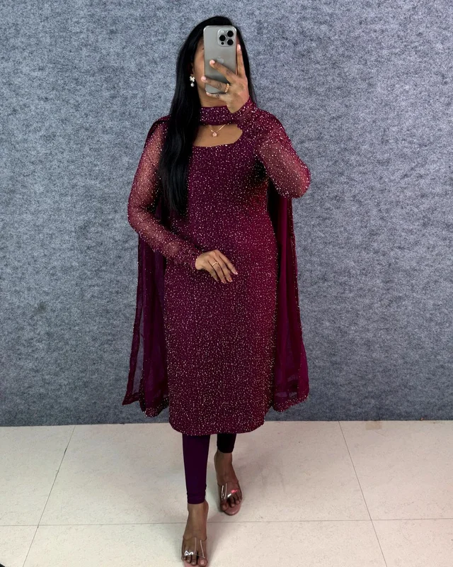 Diana -Designer Party Wear Kurti - XL, Cherry Wine