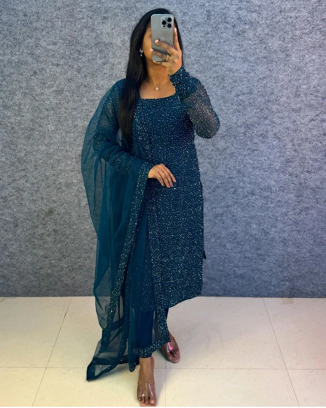 Diana -Designer Party Wear Kurti - XL, Peacock Blue