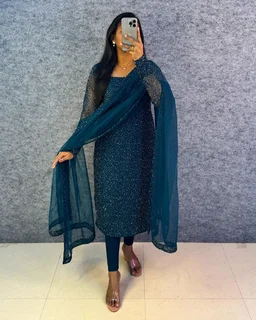 Diana -Designer Party Wear Kurti - 2XL, Peacock Blue