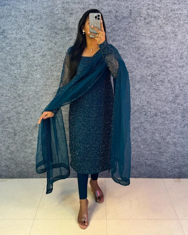 Diana -Designer Party Wear Kurti - 2XL, Peacock Blue