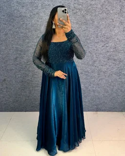 Minmmini - Party Wear Draping Style Gown ✨ - M, Peacock Blue