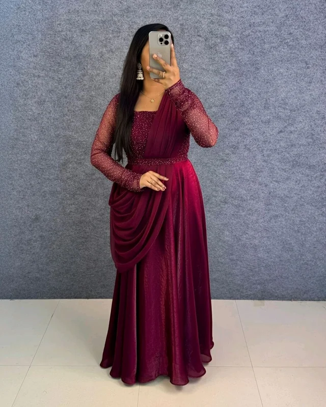 Minmmini - Party Wear Draping Style Gown ✨ - M, Wine