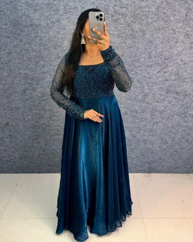 Minmmini - Party Wear Draping Style Gown ✨ - L, Peacock Blue