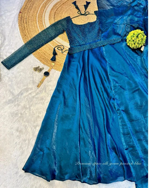 Minmmini - Party Wear Draping Style Gown ✨ - L, Peacock Blue