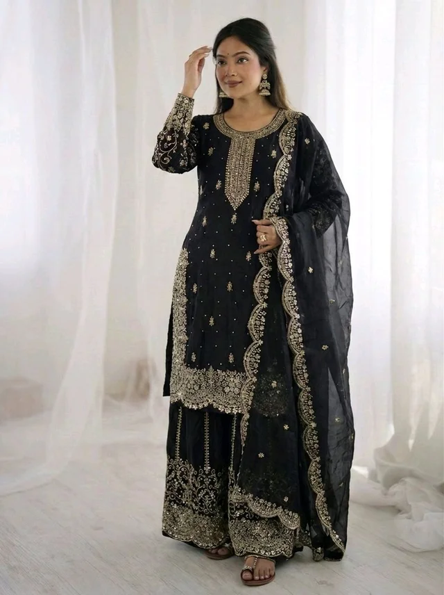 Sameera - Heavy Embroidery Sequence Work Top, Bottom & Dupatta Set - M, Black
