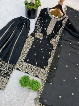 Sameera - Heavy Embroidery Sequence Work Top, Bottom & Dupatta Set - M, Black