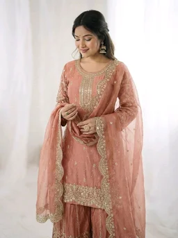 Sameera - Heavy Embroidery Sequence Work Top, Bottom & Dupatta Set - M, Peach