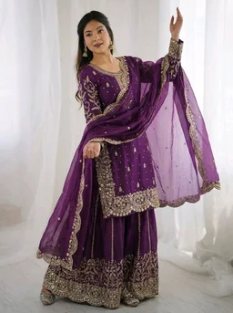 Sameera - Heavy Embroidery Sequence Work Top, Bottom & Dupatta Set - M, Violet