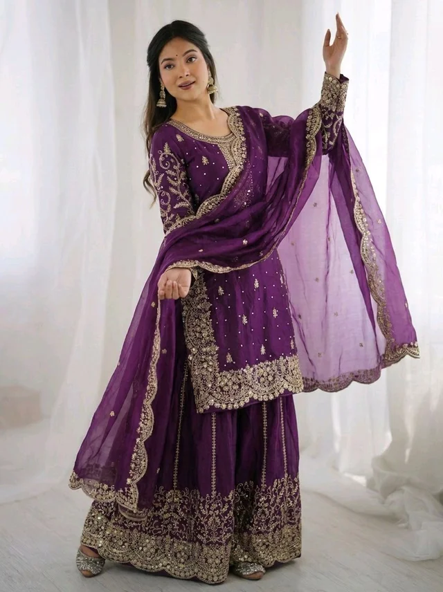 Sameera - Heavy Embroidery Sequence Work Top, Bottom & Dupatta Set - M, Violet
