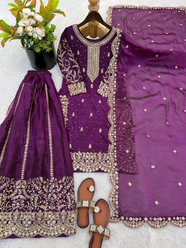 Sameera - Heavy Embroidery Sequence Work Top, Bottom & Dupatta Set - M, Violet