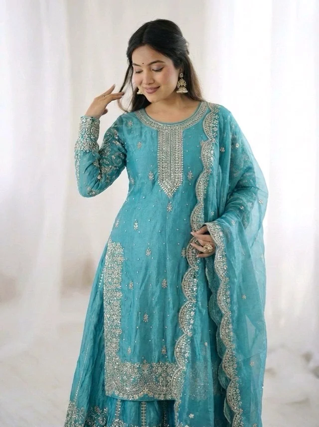 Sameera - Heavy Embroidery Sequence Work Top, Bottom & Dupatta Set - M, Turkish Blue