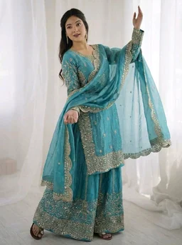 Sameera - Heavy Embroidery Sequence Work Top, Bottom & Dupatta Set - M, Turkish Blue