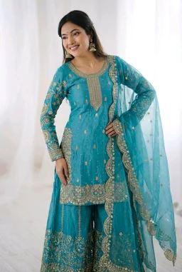 Sameera - Heavy Embroidery Sequence Work Top, Bottom & Dupatta Set - M, Turkish Blue