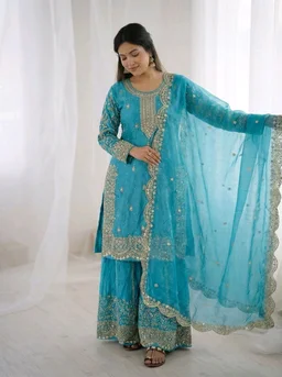 Sameera - Heavy Embroidery Sequence Work Top, Bottom & Dupatta Set - M, Turkish Blue