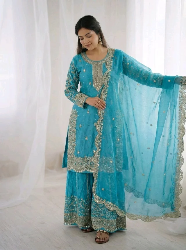 Sameera - Heavy Embroidery Sequence Work Top, Bottom & Dupatta Set - M, Turkish Blue