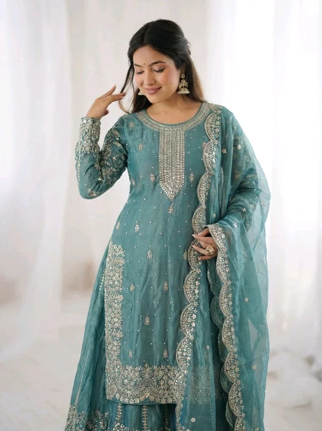 Sameera - Heavy Embroidery Sequence Work Top, Bottom & Dupatta Set - M, Teal Blue