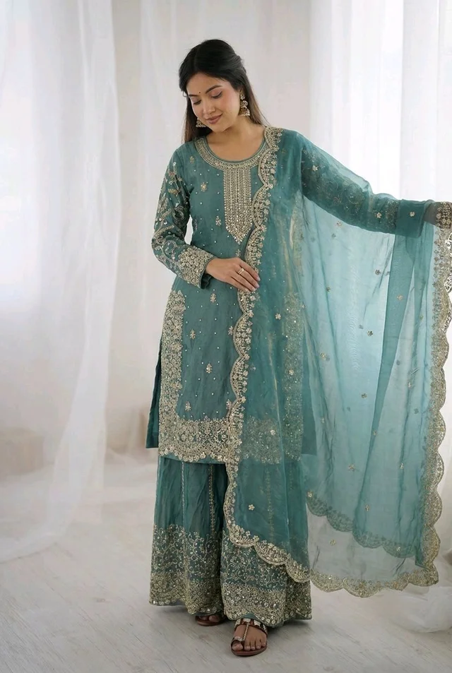 Sameera - Heavy Embroidery Sequence Work Top, Bottom & Dupatta Set - M, Teal Blue