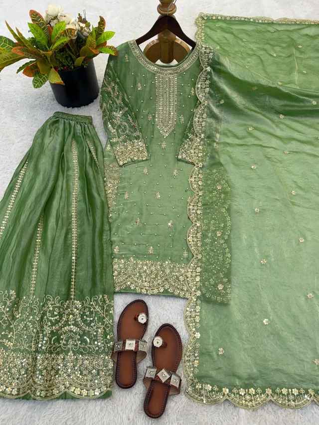 Sameera - Heavy Embroidery Sequence Work Top, Bottom & Dupatta Set - L, Green
