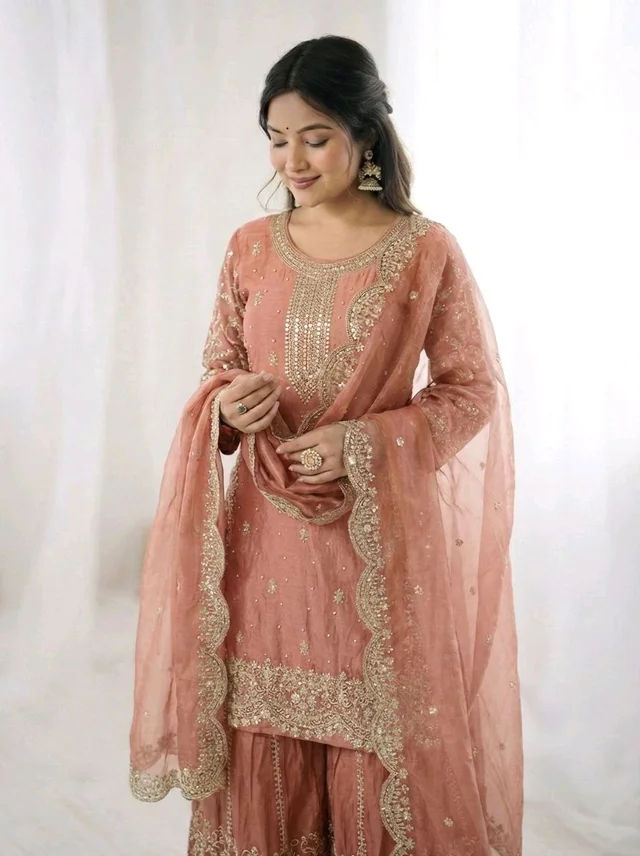 Sameera - Heavy Embroidery Sequence Work Top, Bottom & Dupatta Set - L, Peach