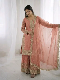Sameera - Heavy Embroidery Sequence Work Top, Bottom & Dupatta Set - L, Peach