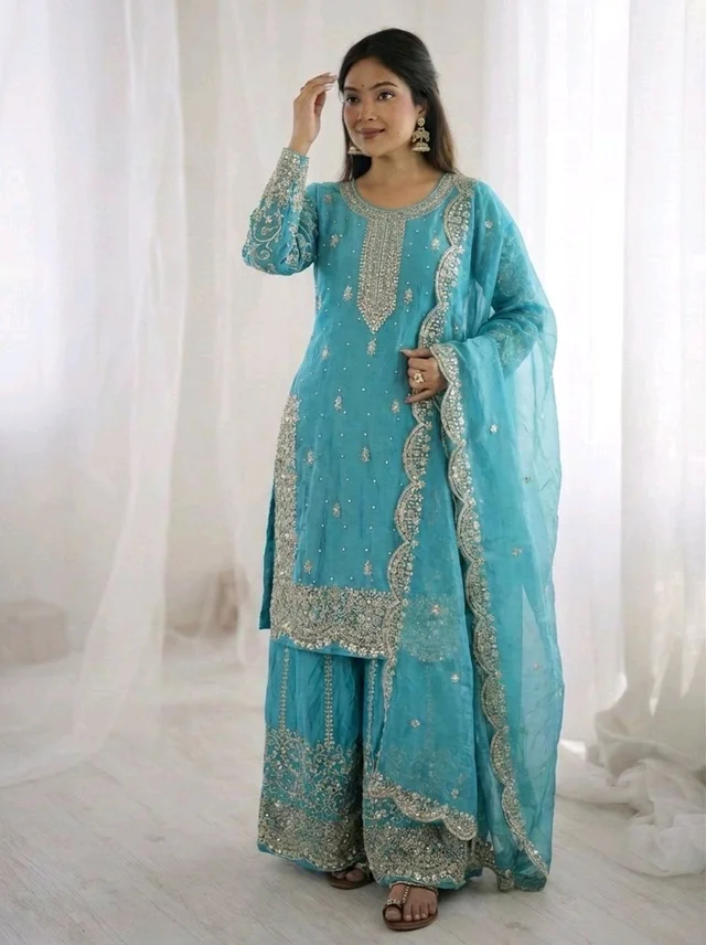 Sameera - Heavy Embroidery Sequence Work Top, Bottom & Dupatta Set - L, Turkish Blue