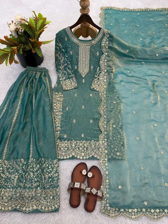 Sameera - Heavy Embroidery Sequence Work Top, Bottom & Dupatta Set - L, Teal Blue