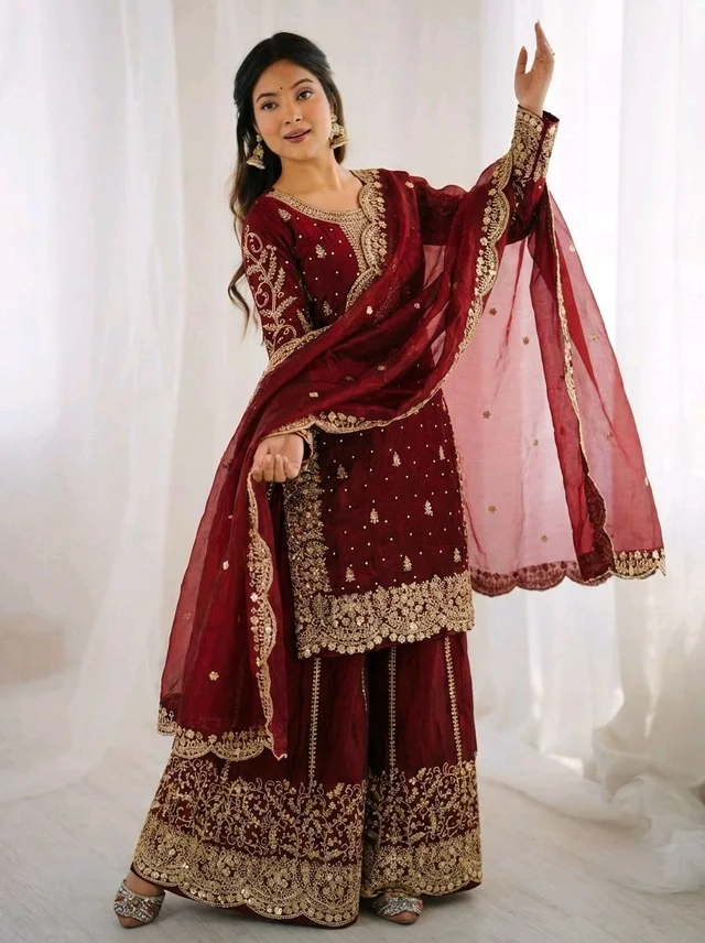 Sameera - Heavy Embroidery Sequence Work Top, Bottom & Dupatta Set - XL, Wine
