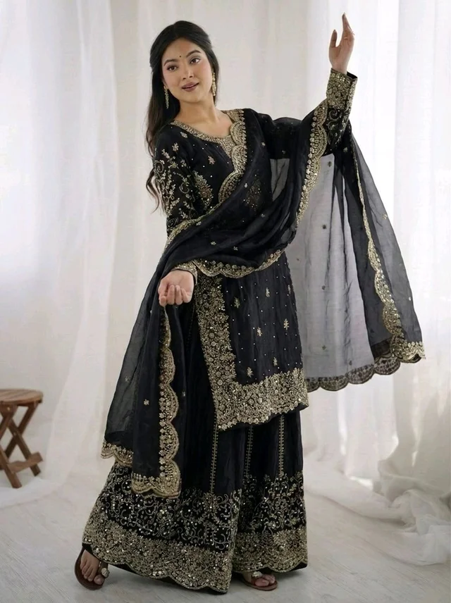 Sameera - Heavy Embroidery Sequence Work Top, Bottom & Dupatta Set - XL, Black