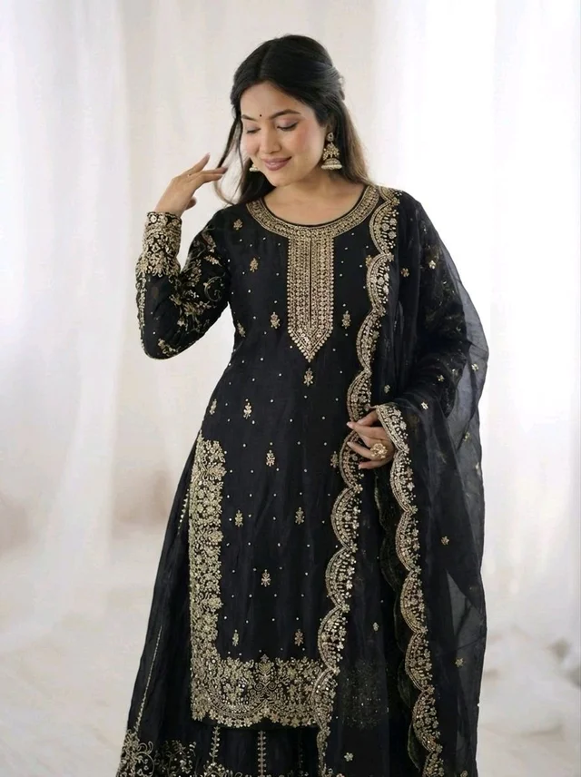 Sameera - Heavy Embroidery Sequence Work Top, Bottom & Dupatta Set - XL, Black