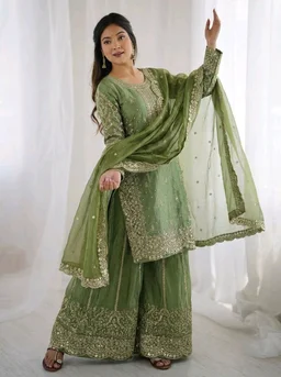 Sameera - Heavy Embroidery Sequence Work Top, Bottom & Dupatta Set - XL, Green
