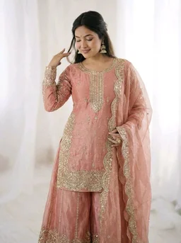 Sameera - Heavy Embroidery Sequence Work Top, Bottom & Dupatta Set - XL, Peach
