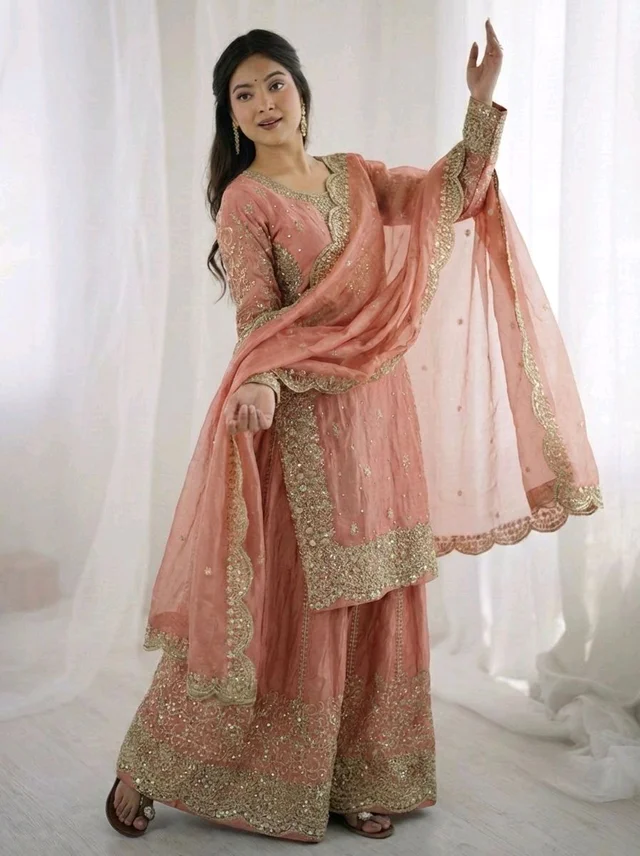 Sameera - Heavy Embroidery Sequence Work Top, Bottom & Dupatta Set - XL, Peach