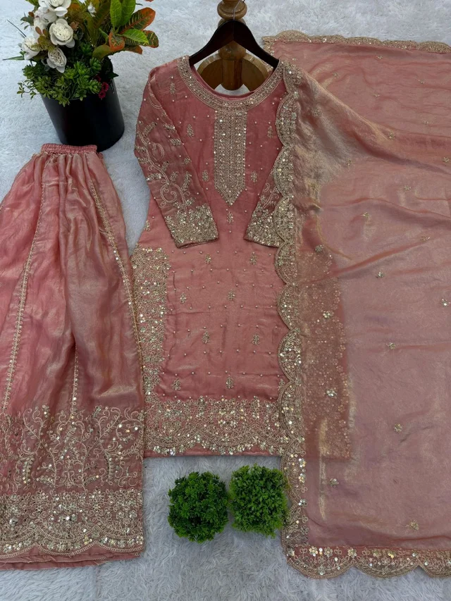 Sameera - Heavy Embroidery Sequence Work Top, Bottom & Dupatta Set - XL, Peach