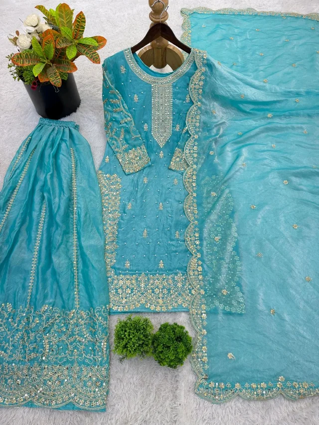 Sameera - Heavy Embroidery Sequence Work Top, Bottom & Dupatta Set - XL, Turkish Blue