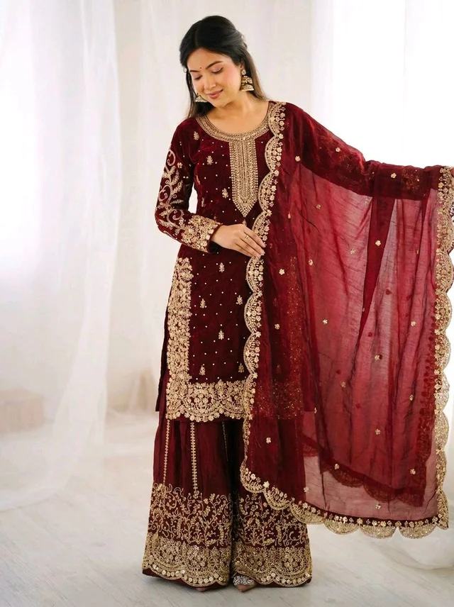 Sameera - Heavy Embroidery Sequence Work Top, Bottom & Dupatta Set - 2XL, Wine