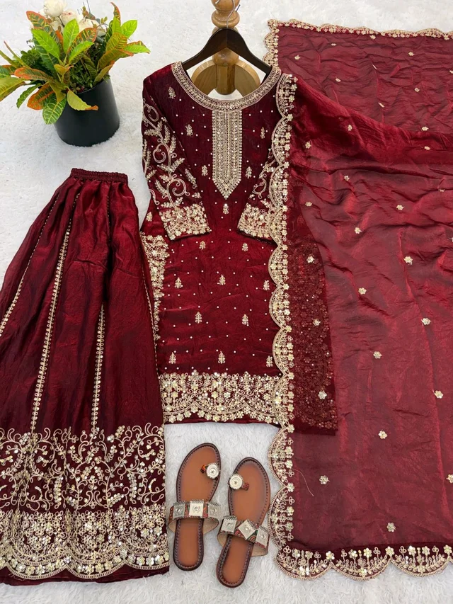 Sameera - Heavy Embroidery Sequence Work Top, Bottom & Dupatta Set - 2XL, Wine