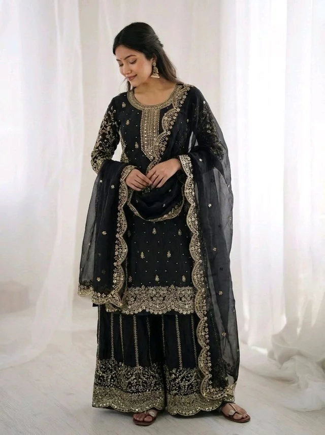 Sameera - Heavy Embroidery Sequence Work Top, Bottom & Dupatta Set - 2XL, Black