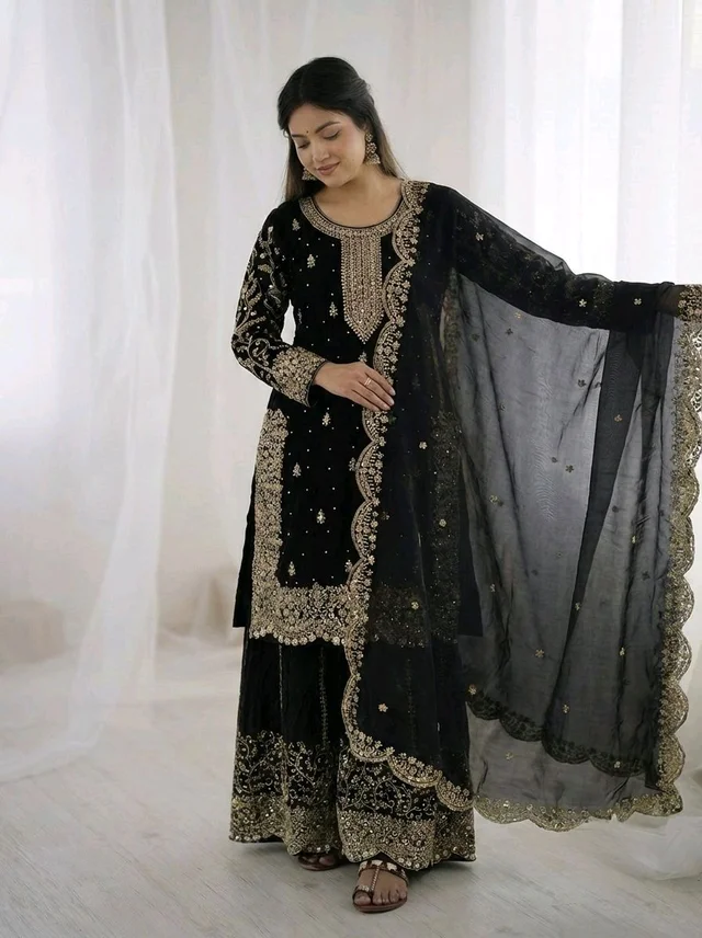 Sameera - Heavy Embroidery Sequence Work Top, Bottom & Dupatta Set - 2XL, Black