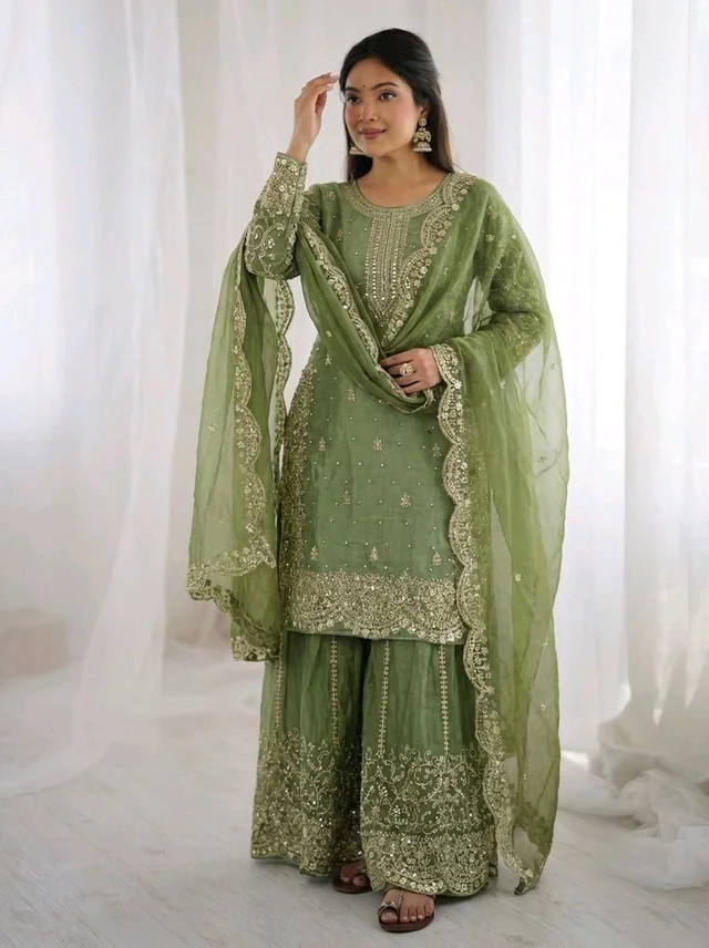 Sameera - Heavy Embroidery Sequence Work Top, Bottom & Dupatta Set - 2XL, Green
