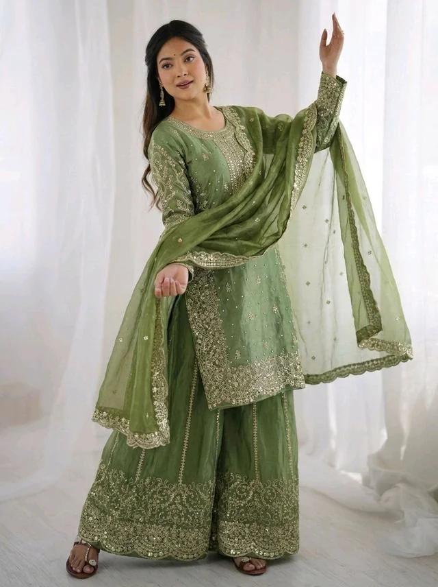 Sameera - Heavy Embroidery Sequence Work Top, Bottom & Dupatta Set - 2XL, Green