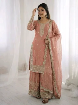 Sameera - Heavy Embroidery Sequence Work Top, Bottom & Dupatta Set - 2XL, Peach