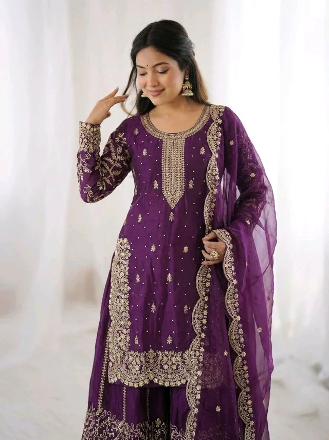 Sameera - Heavy Embroidery Sequence Work Top, Bottom & Dupatta Set - 2XL, Violet