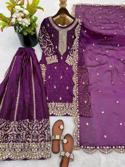 Sameera - Heavy Embroidery Sequence Work Top, Bottom & Dupatta Set - 2XL, Violet