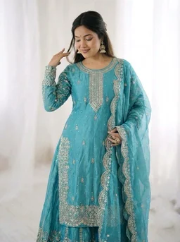 Sameera - Heavy Embroidery Sequence Work Top, Bottom & Dupatta Set - 2XL, Turkish Blue