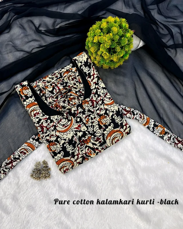 Thooriga - Pure Cotton Kalamkari Kurti Set - S, Black