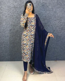 Thooriga - Pure Cotton Kalamkari Kurti Set - S, Navy Blue