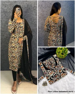 Thooriga - Pure Cotton Kalamkari Kurti Set - XL, Black