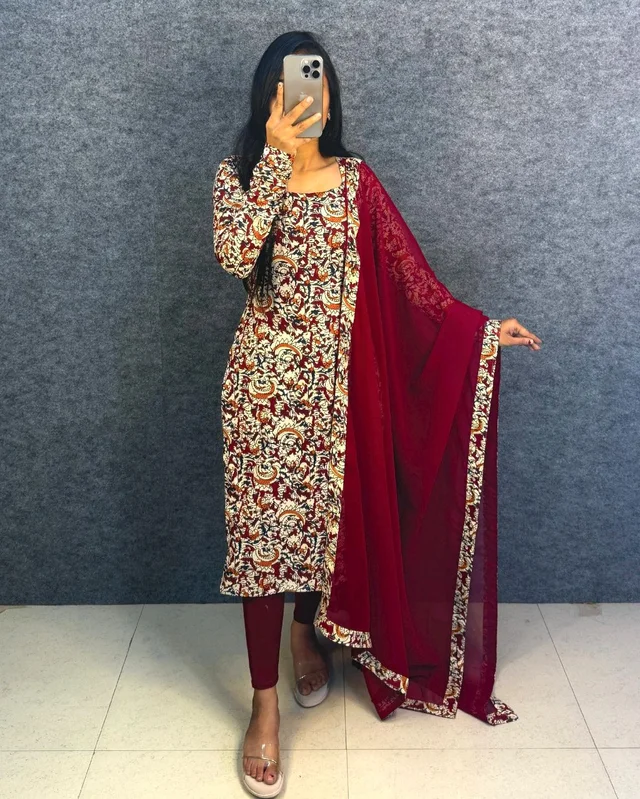 Thooriga - Pure Cotton Kalamkari Kurti Set - XL, Maroon