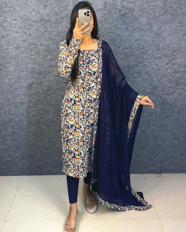 Thooriga - Pure Cotton Kalamkari Kurti Set - XL, Navy Blue
