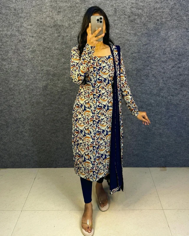 Thooriga - Pure Cotton Kalamkari Kurti Set - XL, Navy Blue